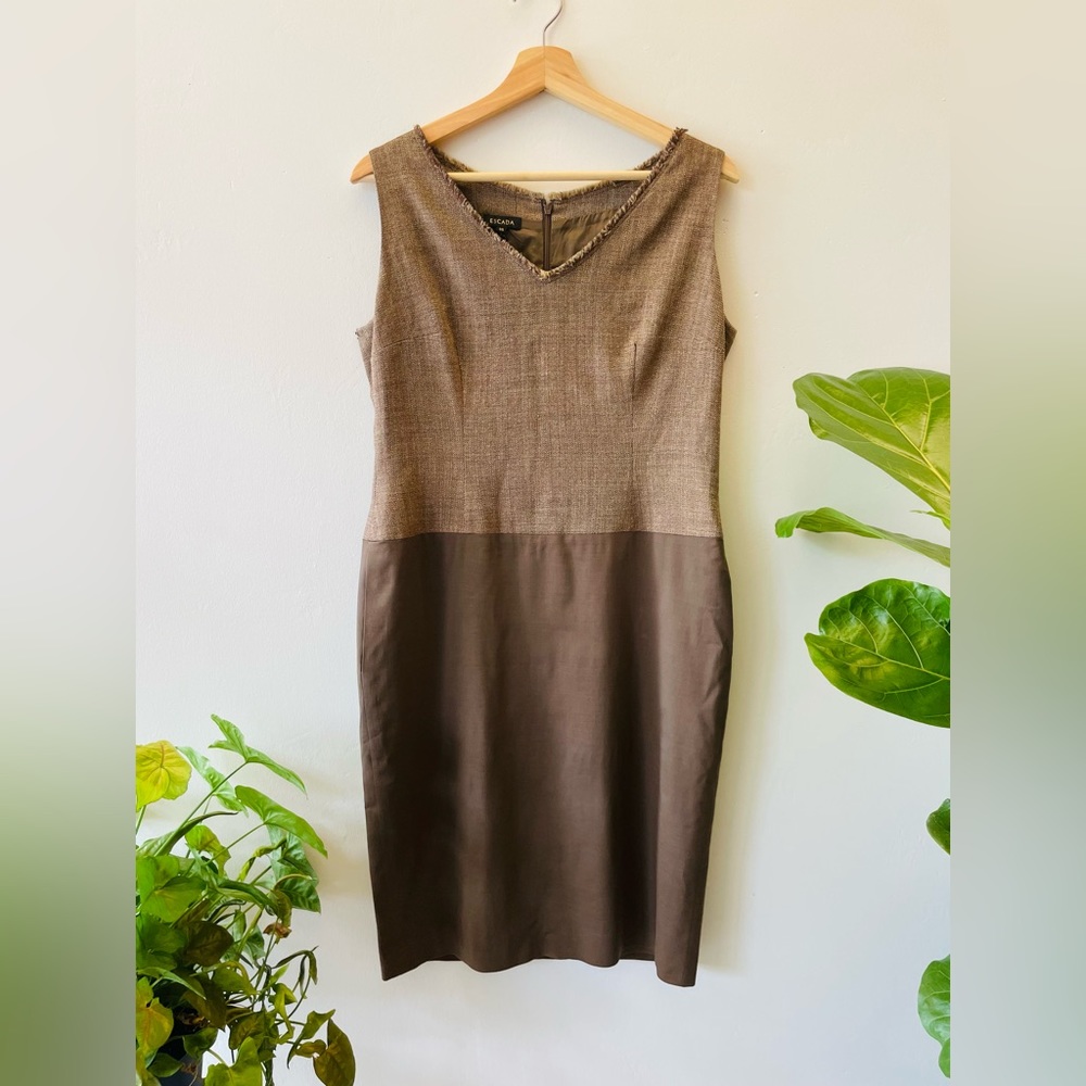 Escada Sheath Bodycon Dress Linen Silk Tweed Tab Brown 38 M 8 Shell
